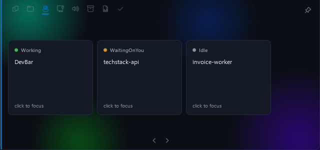 DevBar open on Claude Code, showing sessions working, waiting and idle