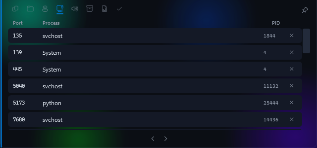 DevBar open on Ports, listing listening TCP ports with process and PID