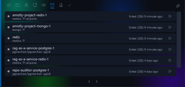 Docker module listing containers with start and stop buttons